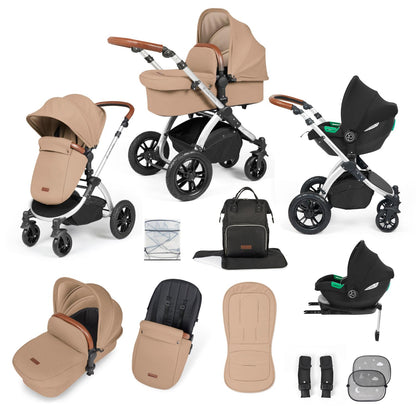 Ickle Bubba Stomp Luxe All-in-One Travel System with Cirrus i-Size Car Seat and ISOFIX Base and accessories in Desert beige colour with silver chassis and tan handle
