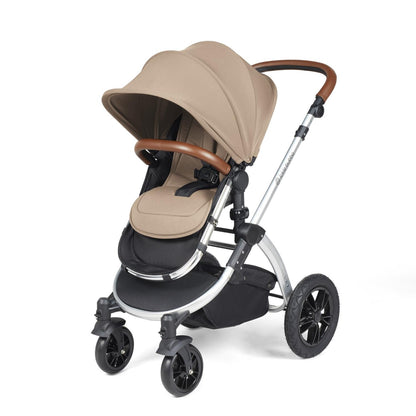 Ickle Bubba Stomp Luxe Pushchair with seat unit attached in Desert beige colour with silver chassis and tan handle