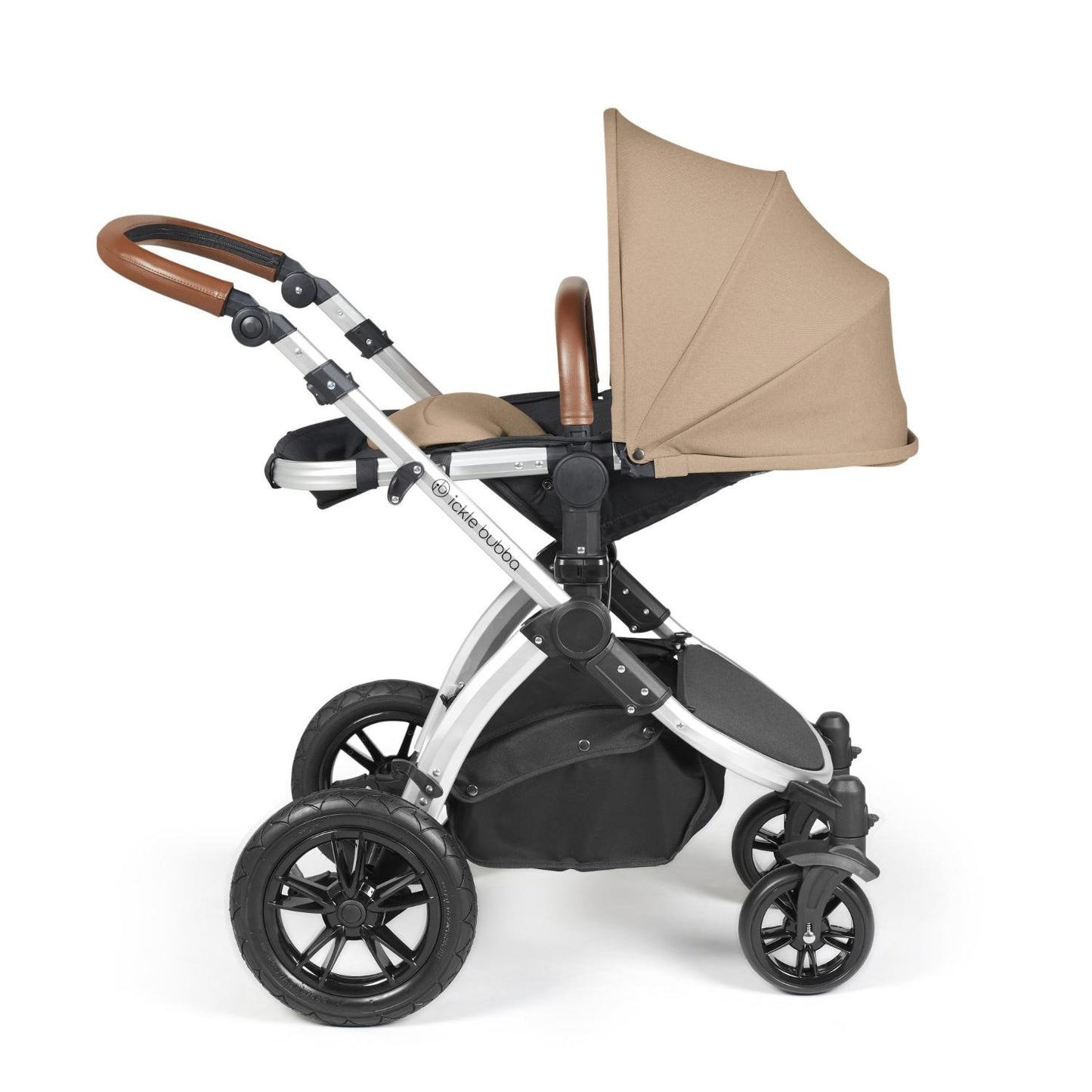 Recline position of Ickle Bubba Stomp Luxe Pushchair in Desert beige colour with silver chassis and tan handle