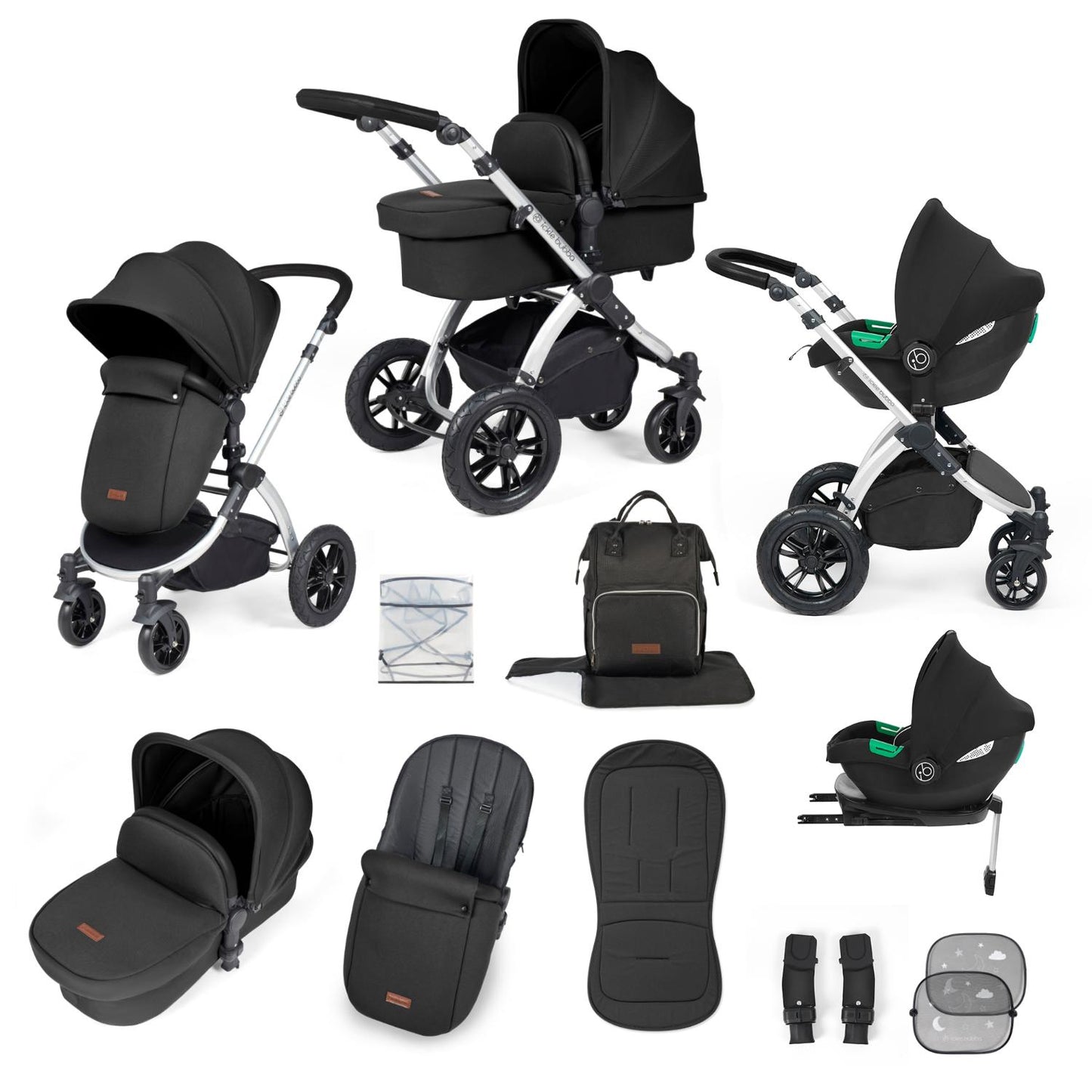 Ickle Bubba Stomp Luxe All-in-One Travel System with Cirrus i-Size Car Seat and ISOFIX Base and accessories in Midnight black colour with silver chassis