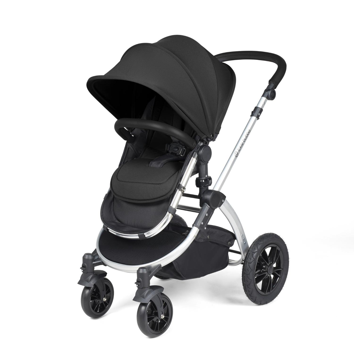 Ickle Bubba Stomp Luxe Pushchair with seat unit attached in Midnight black colour with silver chassis
