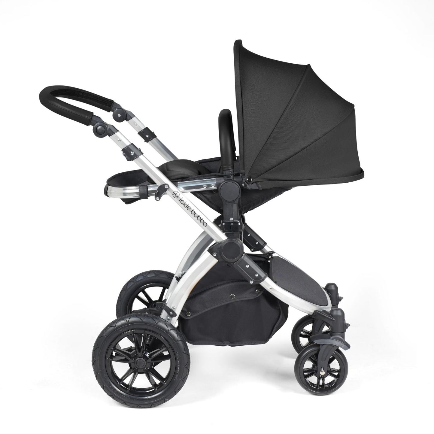 Recline position of Ickle Bubba Stomp Luxe Pushchair in Midnight black colour with silver chassis