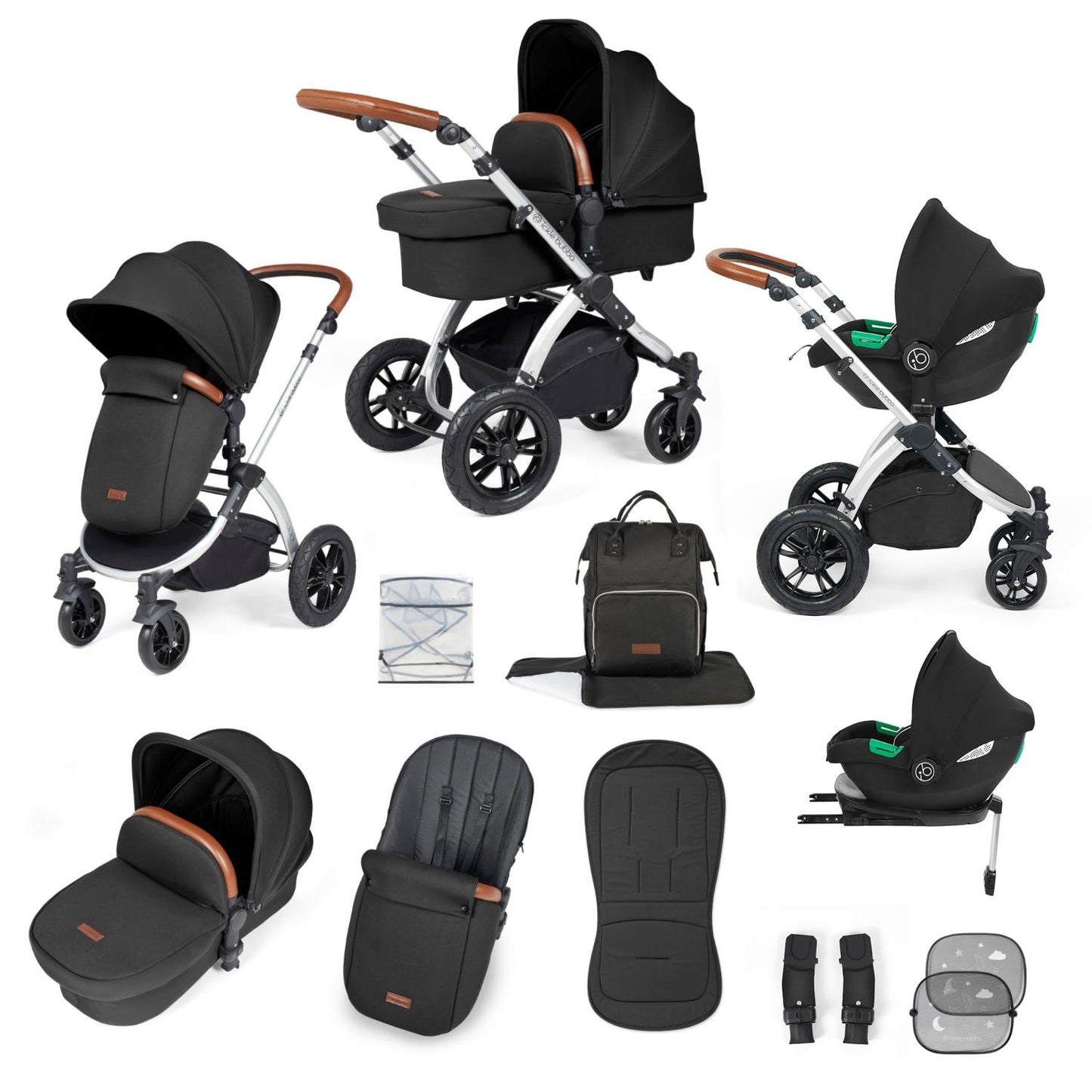 Ickle Bubba Stomp Luxe All-in-One Travel System with Cirrus i-Size Car Seat and ISOFIX Base and accessories in Midnight black colour with silver chassis and tan handle