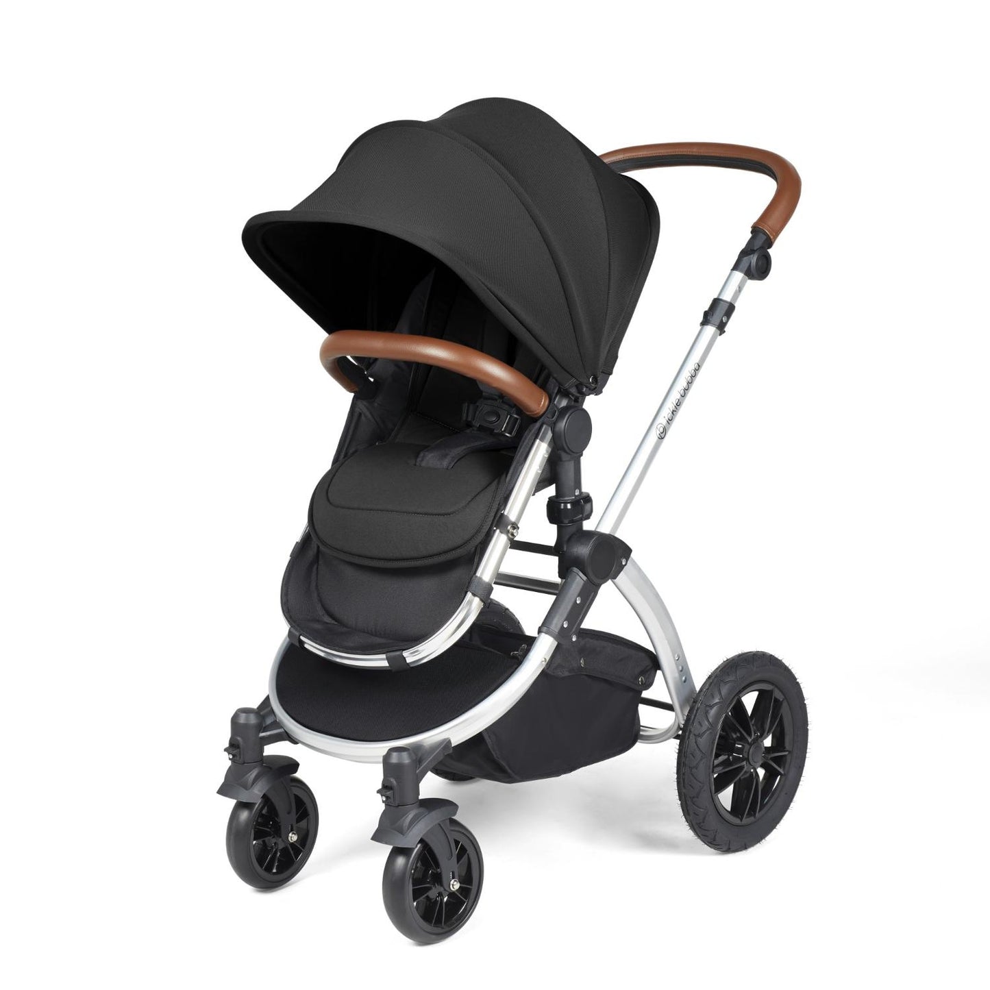 Ickle Bubba Stomp Luxe Pushchair with seat unit attached in Midnight black colour with silver chassis and tan handle
