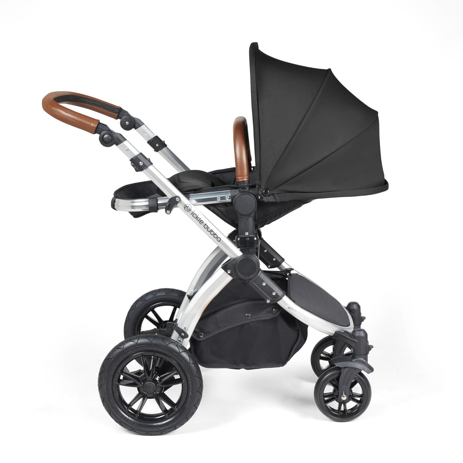 Recline position of Ickle Bubba Stomp Luxe Pushchair in Midnight black colour with silver chassis and tan handle