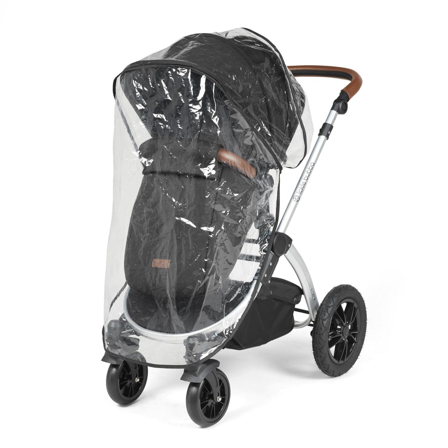 Rain cover placed on an Ickle Bubba Stomp Luxe Pushchair in Midnight black colour with silver chassis and tan handle