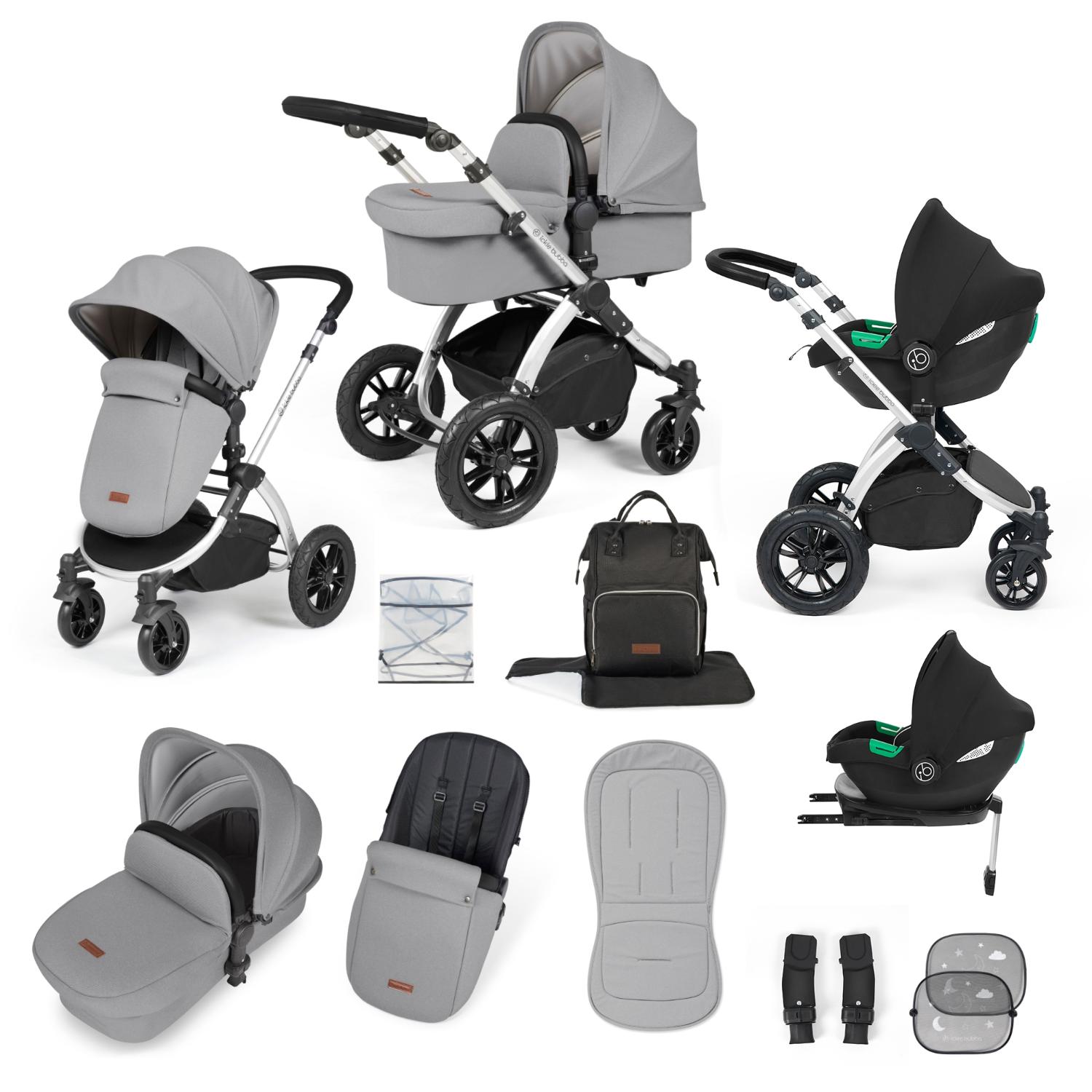 Ickle Bubba Stomp Luxe All-in-One Travel System with Cirrus i-Size Car Seat and ISOFIX Base and accessories in Pearl Grey colour with silver chassis