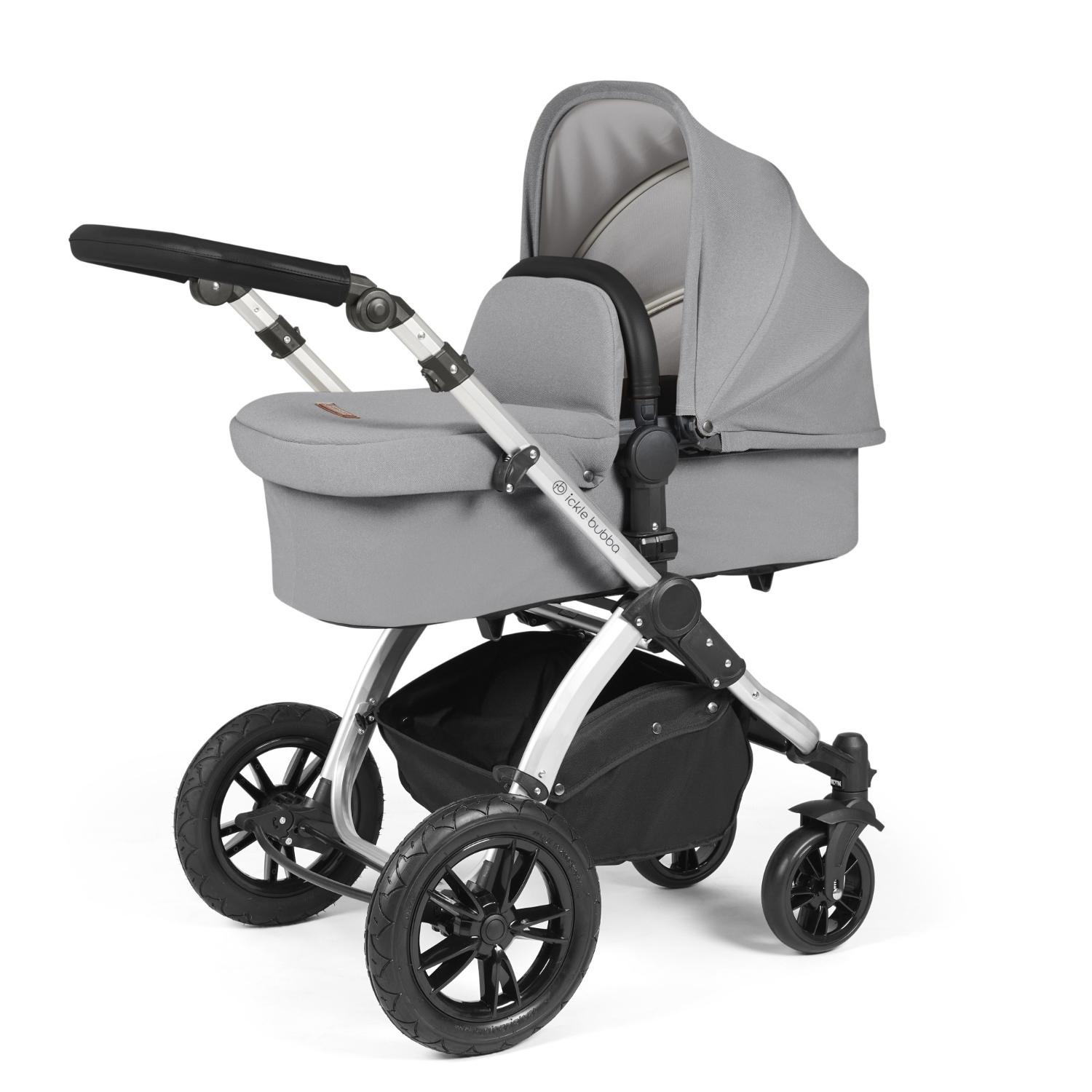 Ickle Bubba Stomp Luxe Pushchair with carrycot attached in Pearl Grey colour with silver chassis
