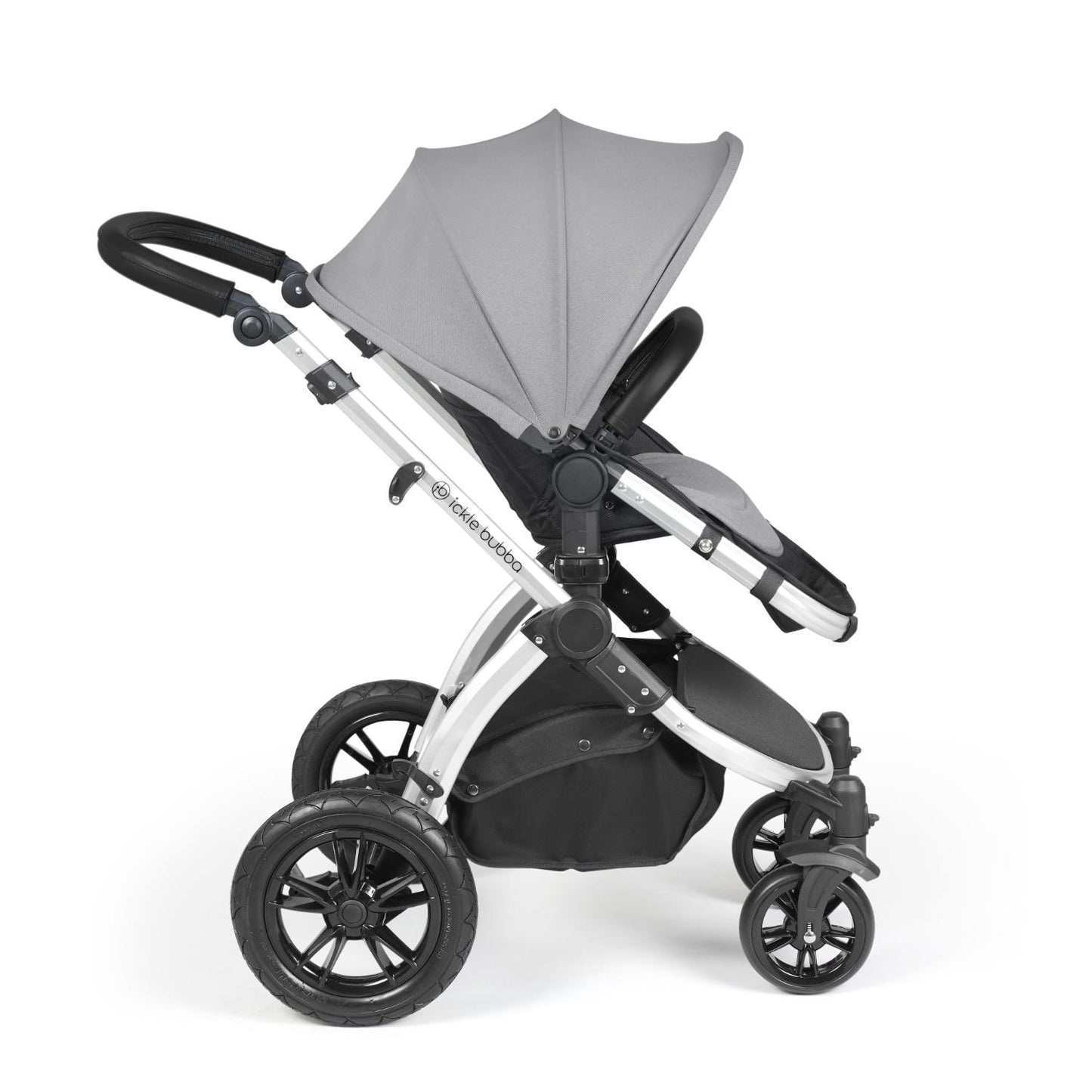 Side view of Ickle Bubba Stomp Luxe Pushchair with seat unit attached in Pearl Grey colour with silver chassis