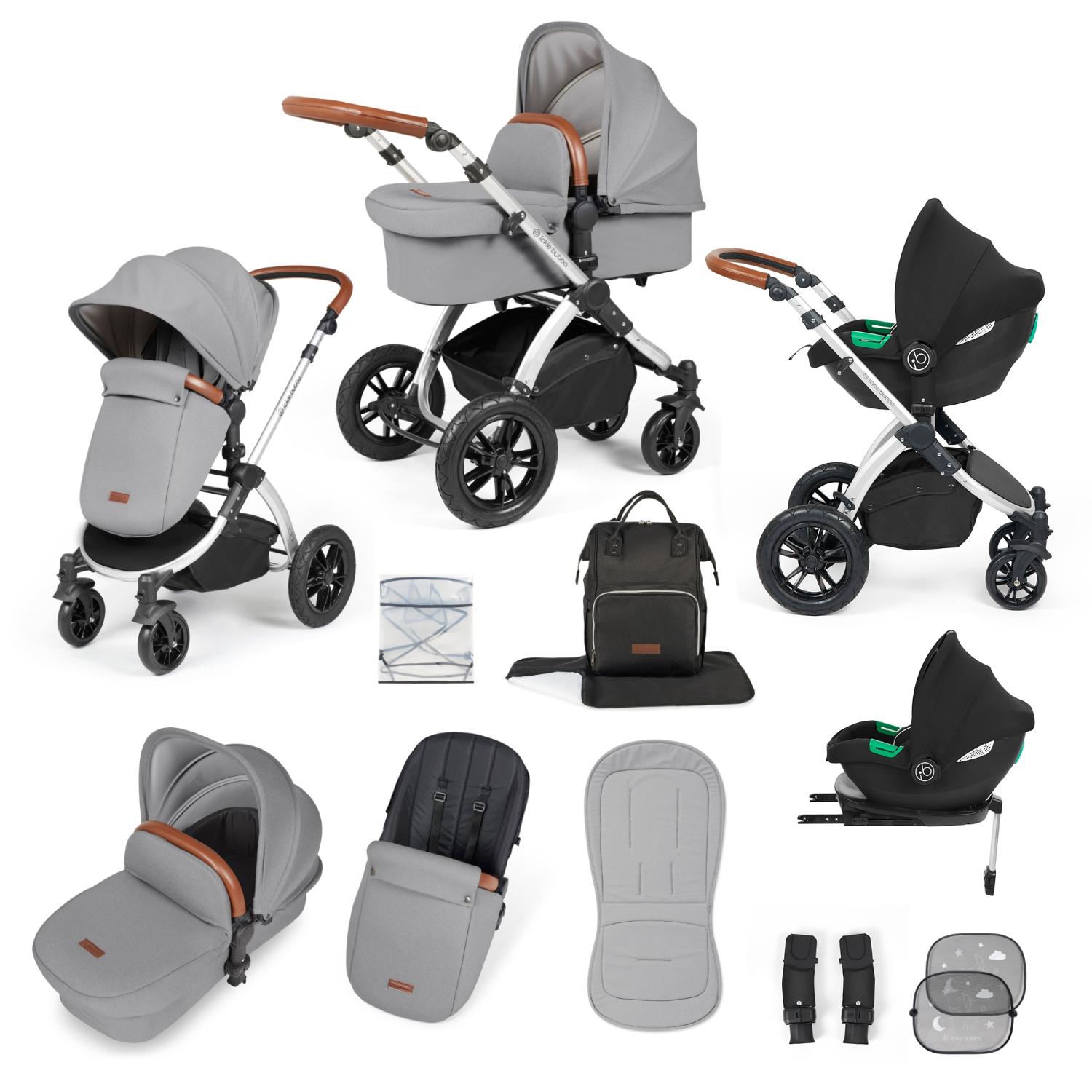 Ickle Bubba Stomp Luxe All-in-One Travel System with Cirrus i-Size Car Seat and ISOFIX Base and accessories in Pearl Grey colour with silver chassis and tan handle