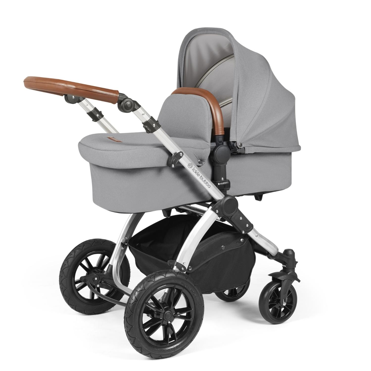 Ickle Bubba Stomp Luxe Pushchair with carrycot attached in Pearl Grey colour with silver chassis and tan handle