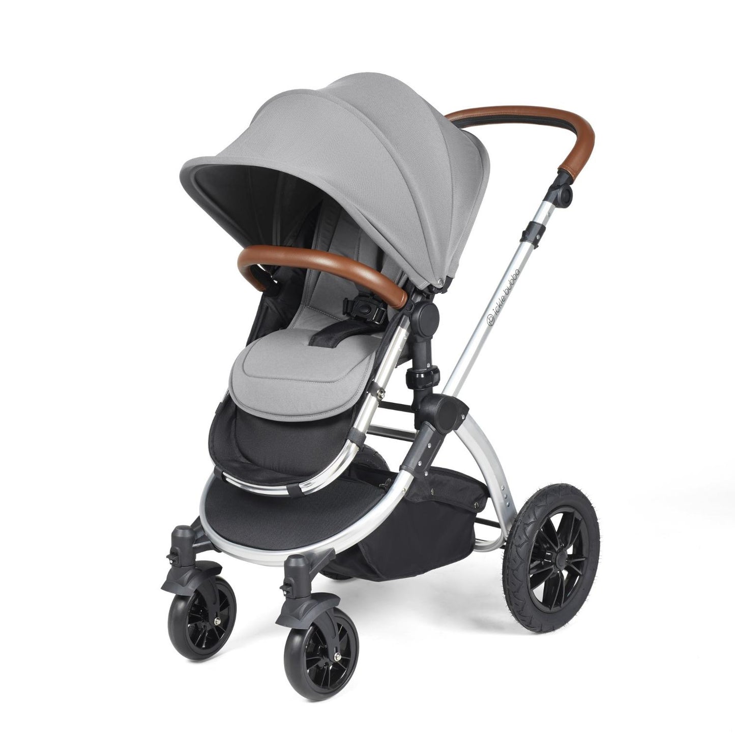 Ickle Bubba Stomp Luxe Pushchair with seat unit attached in Pearl Grey colour with silver chassis and tan handle