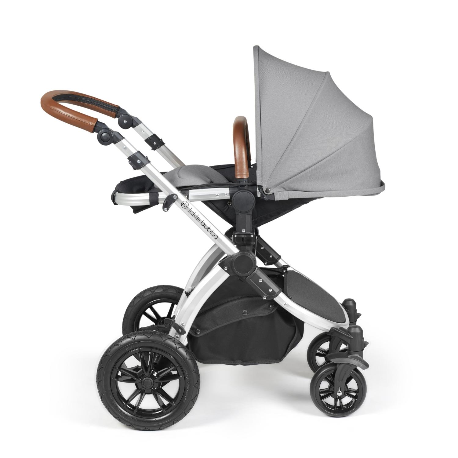 Recline position of Ickle Bubba Stomp Luxe Pushchair in Pearl Grey colour with silver chassis and tan handle