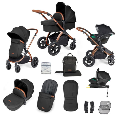 Ickle Bubba Stomp Luxe All-in-One Travel System with Stratus i-Size Car Seat and ISOFIX Base and accessories in Midnight black colour with bronze chassis and tan handle