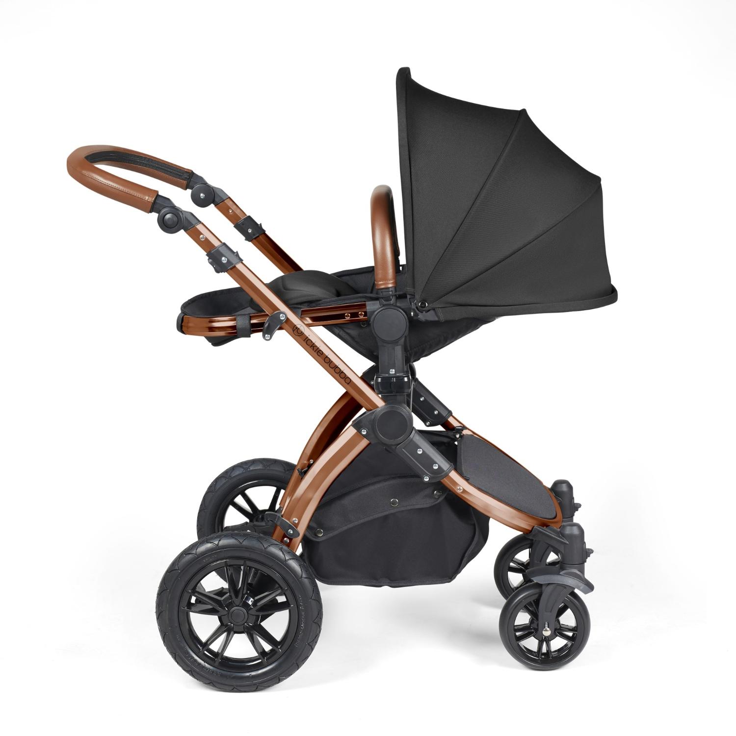 Recline position of Ickle Bubba Stomp Luxe Pushchair in Midnight black colour with bronze chassis and tan handle