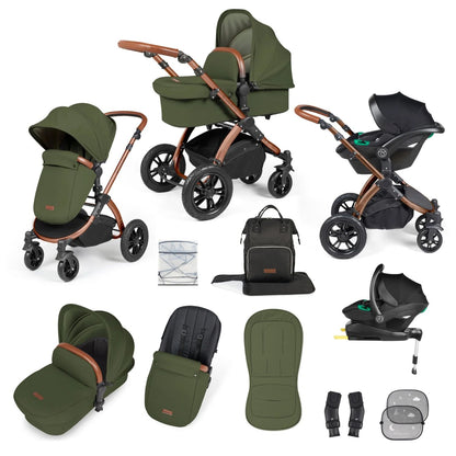 Ickle Bubba Stomp Luxe All-in-One Travel System with Stratus i-Size Car Seat and ISOFIX Base and accessories in Woodland green colour with bronze chassis and tan handle