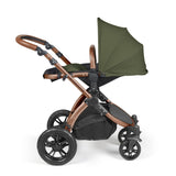 Recline position of Ickle Bubba Stomp Luxe Pushchair in Woodland green colour with bronze chassis and tan handle