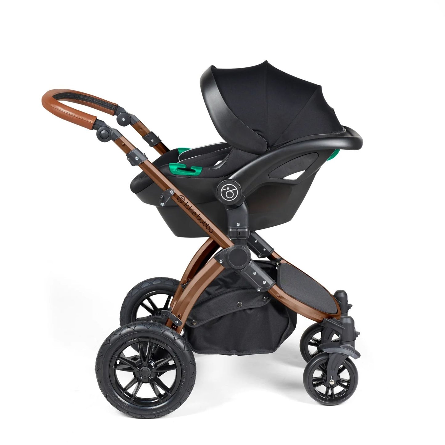 Ickle Bubba Stomp Luxe Pushchair with Stratus i-Size car seat attached in Woodland green colour with bronze chassis and tan handle