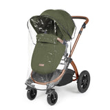 Rain cover placed on an Ickle Bubba Stomp Luxe Pushchair in Woodland green colour with bronze chassis and tan handle