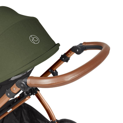 Handlebar detail of Ickle Bubba Stomp Luxe Pushchair in Woodland green colour with bronze chassis and tan handle