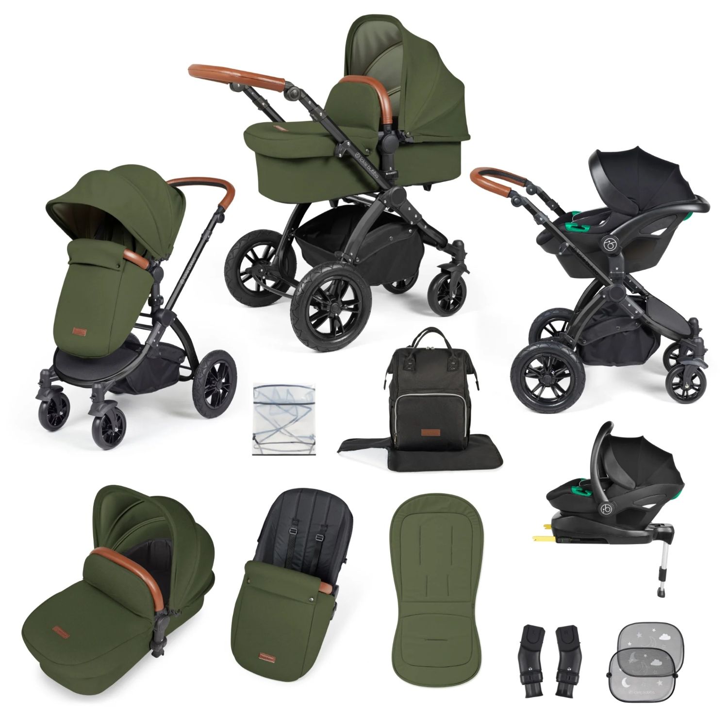 Ickle Bubba Stomp Luxe All-in-One Travel System with Stratus i-Size Car Seat and ISOFIX Base and accessories in Woodland green colour with tan handle