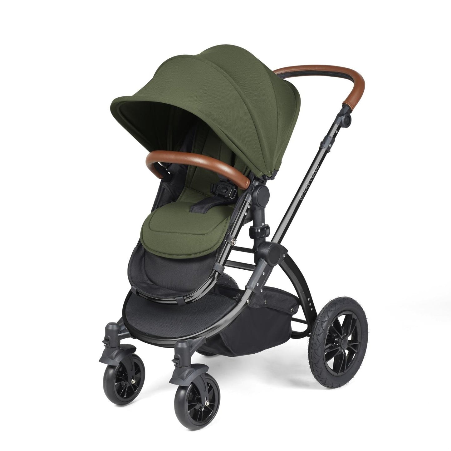 Ickle Bubba Stomp Luxe Pushchair with seat unit attached in Woodland green colour with tan handle