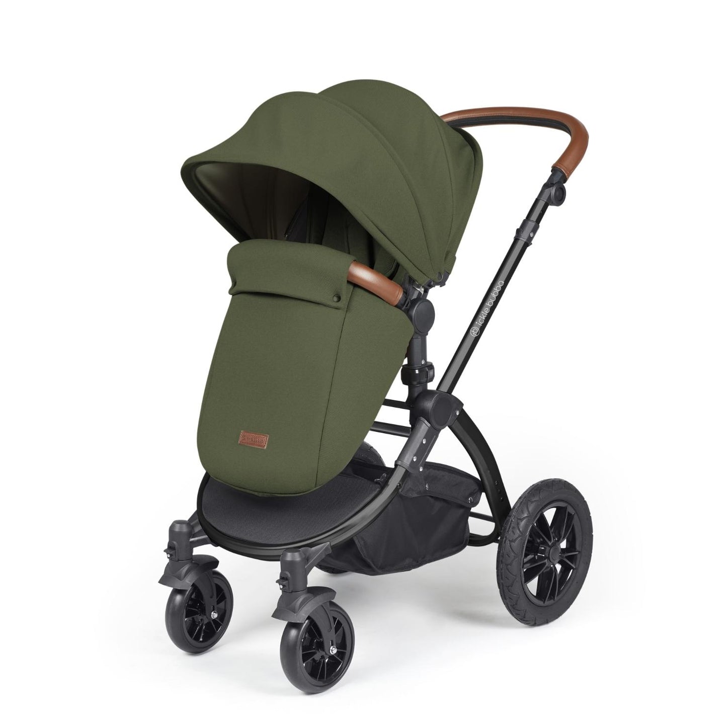 Ickle Bubba Stomp Luxe Pushchair with foot warmer attached in Woodland green colour with tan handle