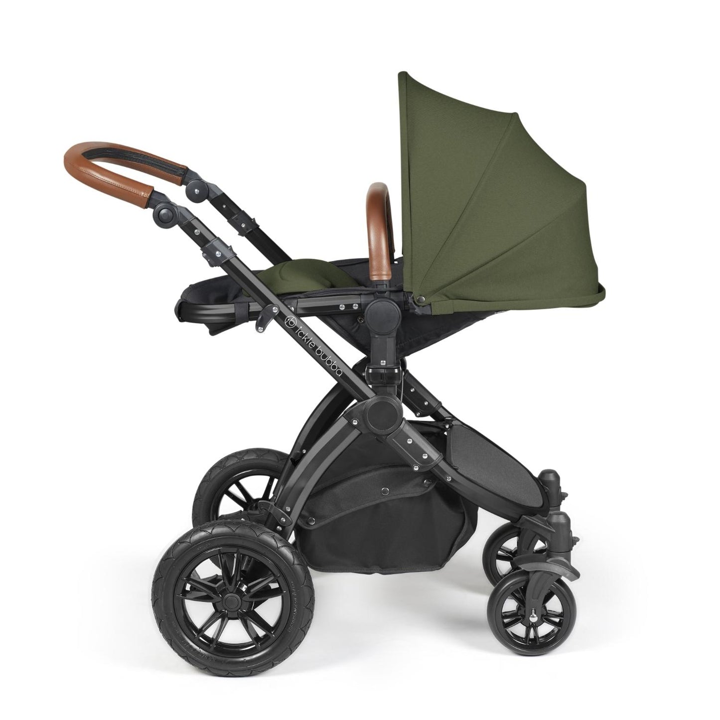 Side view of Ickle Bubba Stomp Luxe Pushchair with seat unit attached in Woodland green colour with tan handle