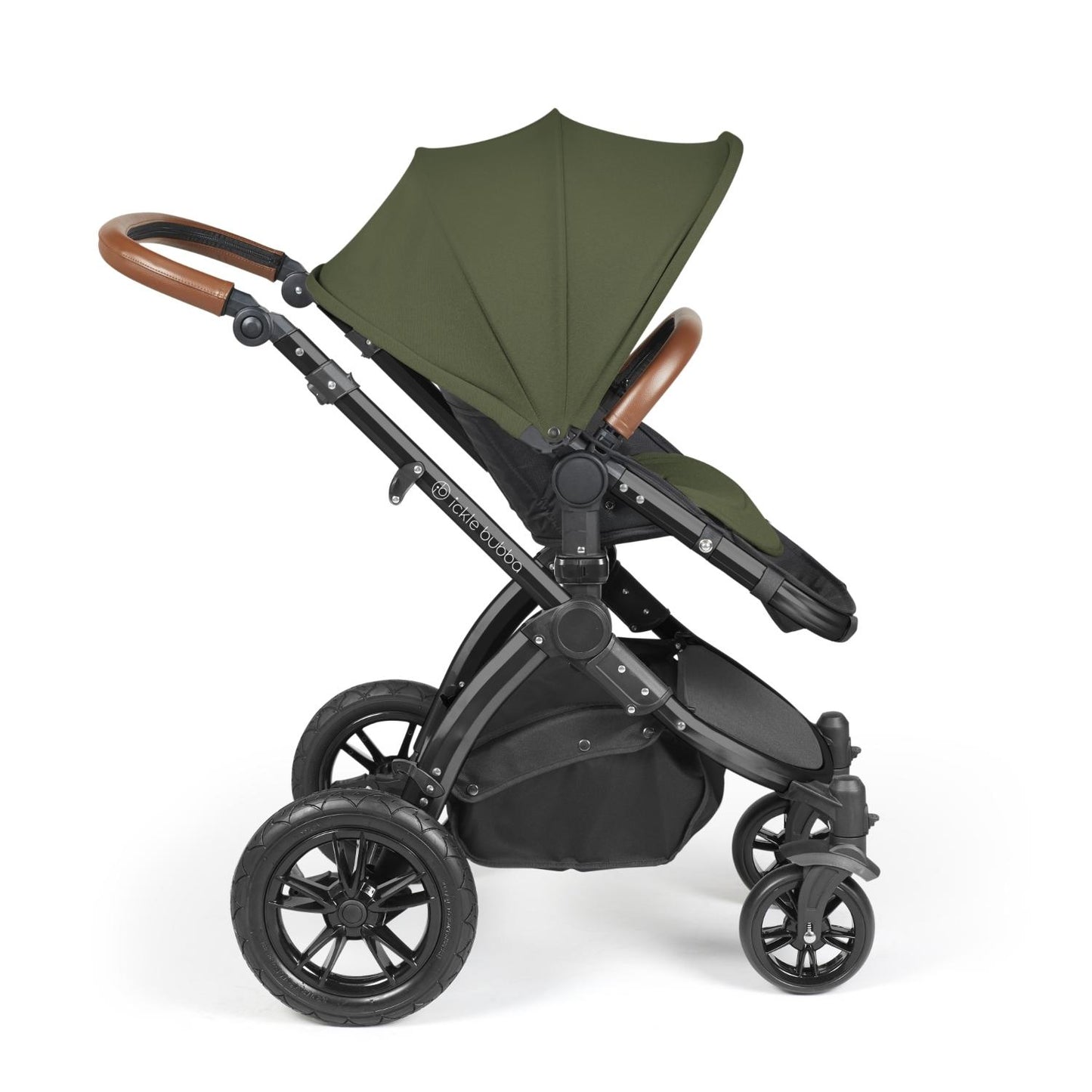 Recline position of Ickle Bubba Stomp Luxe Pushchair in Woodland green colour with tan handle