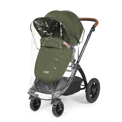 Rain cover placed on an Ickle Bubba Stomp Luxe Pushchair in Woodland green colour with tan handle