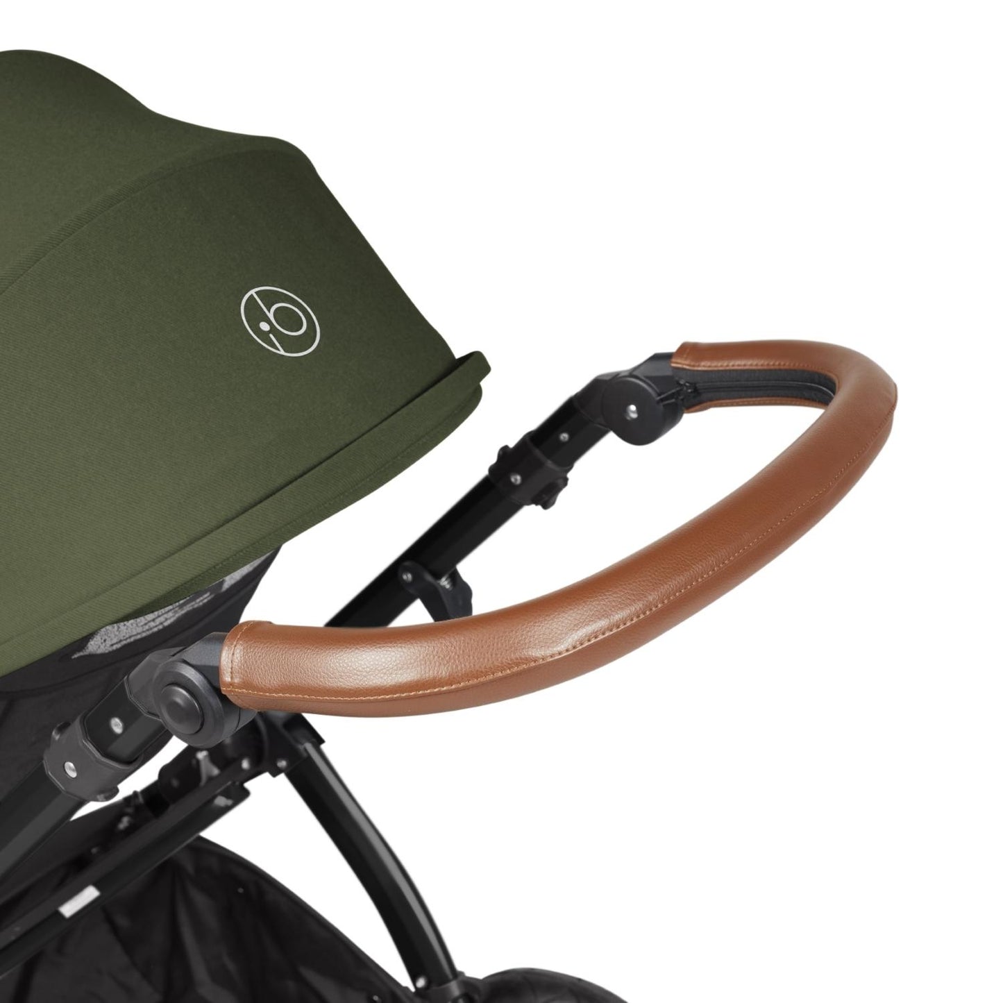 Handlebar detail of Ickle Bubba Stomp Luxe Pushchair in Woodland green colour with tan handle
