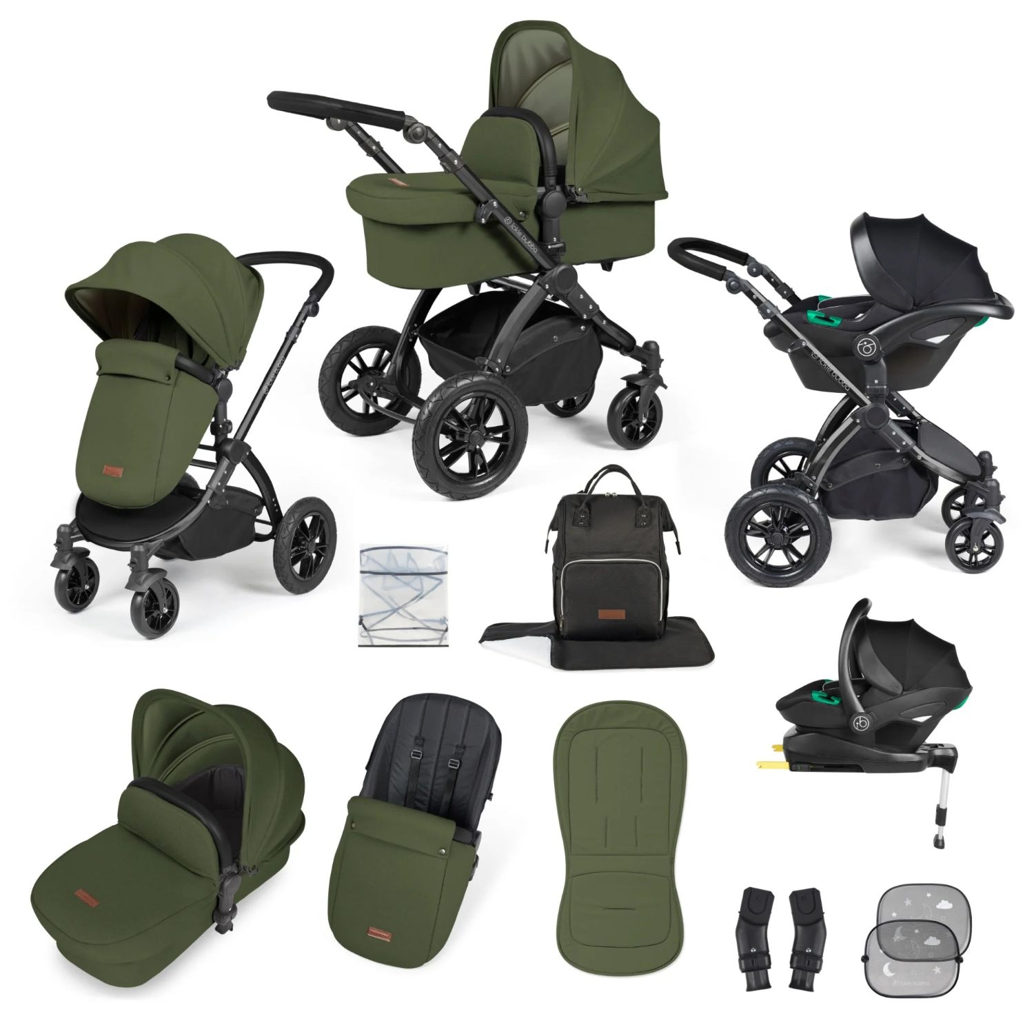 Ickle Bubba Stomp Luxe All-in-One Travel System with Stratus i-Size Car Seat and ISOFIX Base and accessories in Woodland green colour