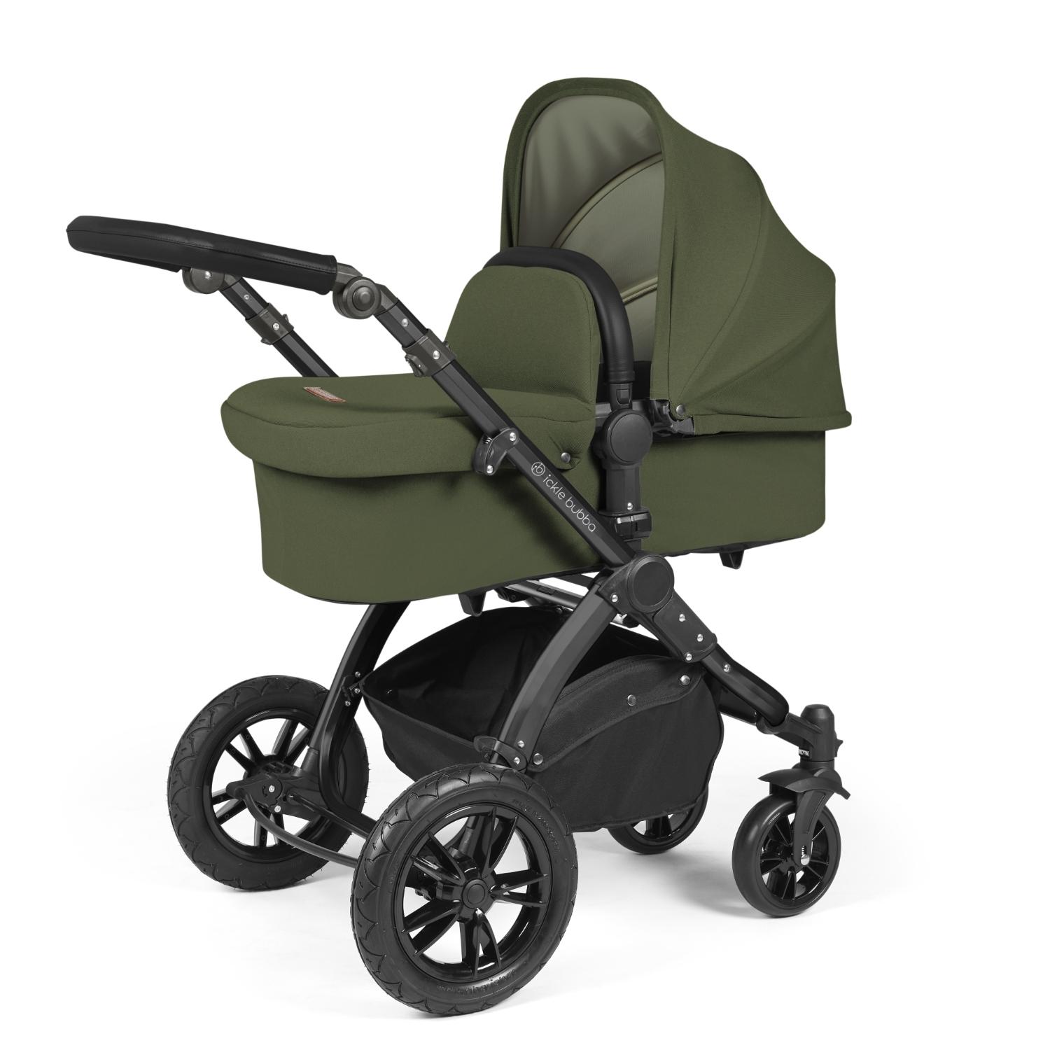 Ickle Bubba Stomp Luxe Pushchair with carrycot attached in Woodland green colour