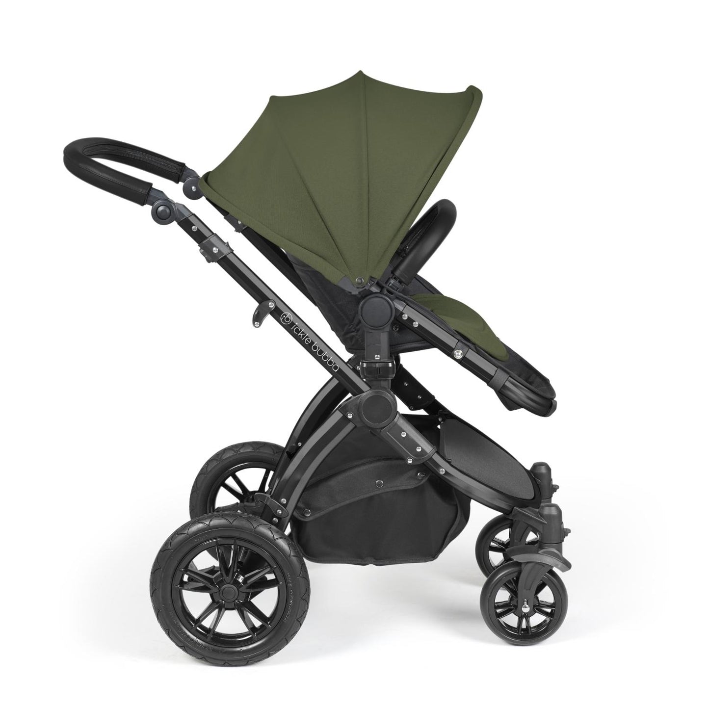 Side view of Ickle Bubba Stomp Luxe Pushchair with seat unit attached in Woodland green colour