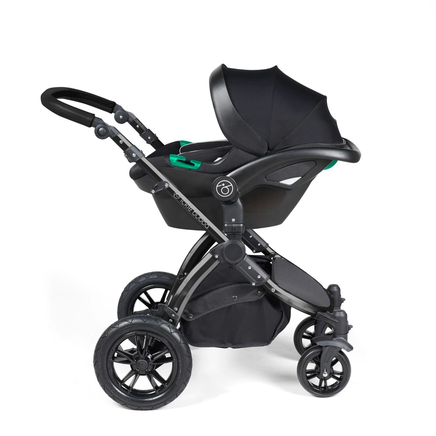 Ickle Bubba Stomp Luxe Pushchair with Stratus i-Size car seat attached in Woodland green colour