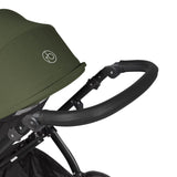 Handlebar detail of Ickle Bubba Stomp Luxe Pushchair in Woodland green colour with bronze chassis and tan handle