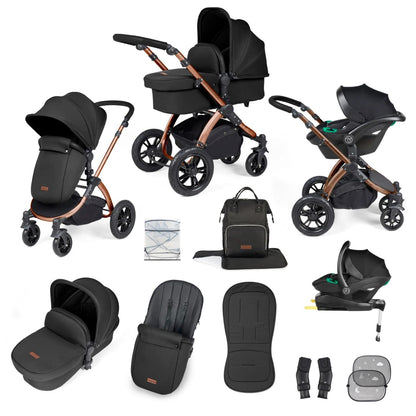 Ickle Bubba Stomp Luxe All-in-One Travel System with Stratus i-Size Car Seat and ISOFIX Base and accessories in Midnight black colour with bronze chassis