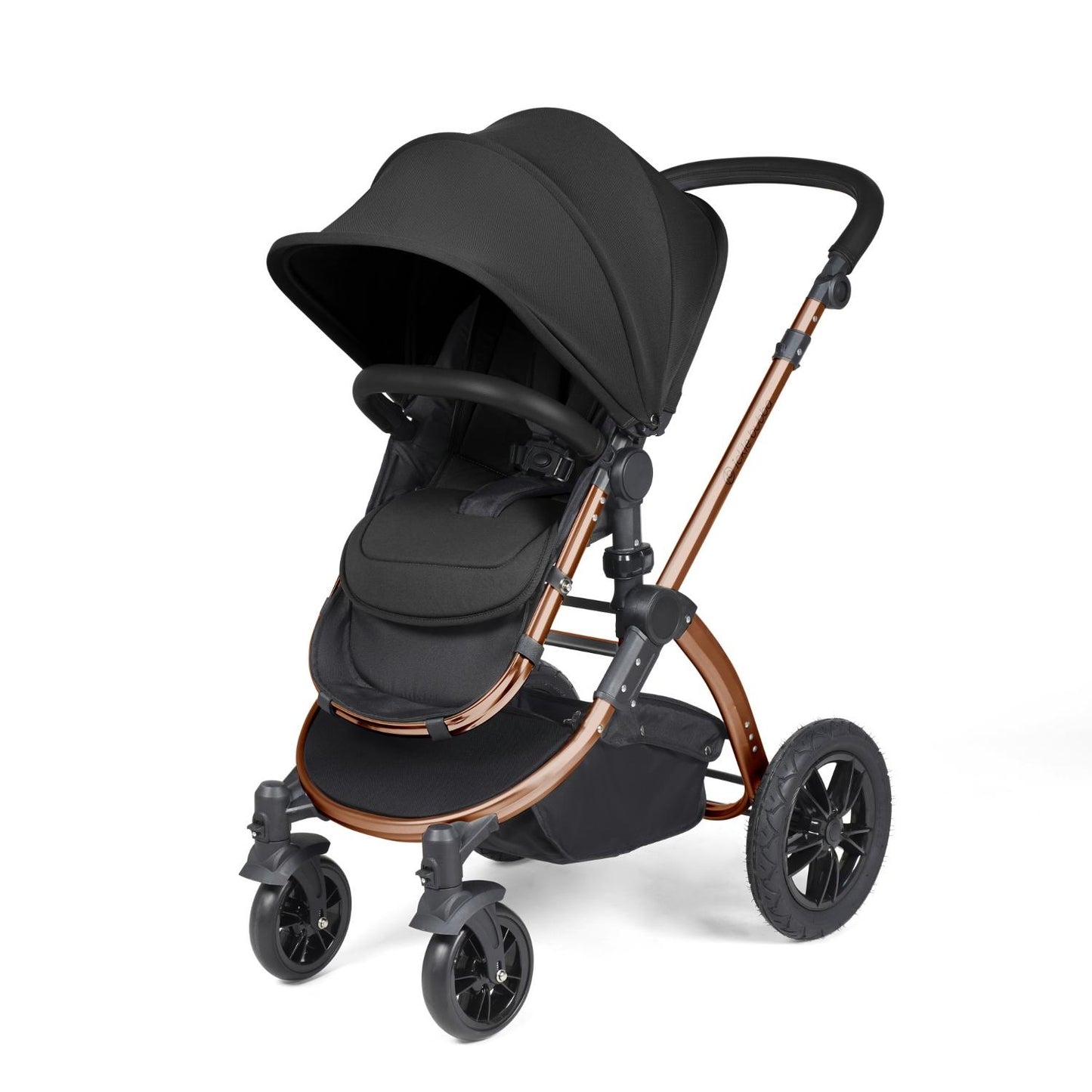 Ickle Bubba Stomp Luxe Pushchair with seat unit attached in Midnight black colour with bronze chassis