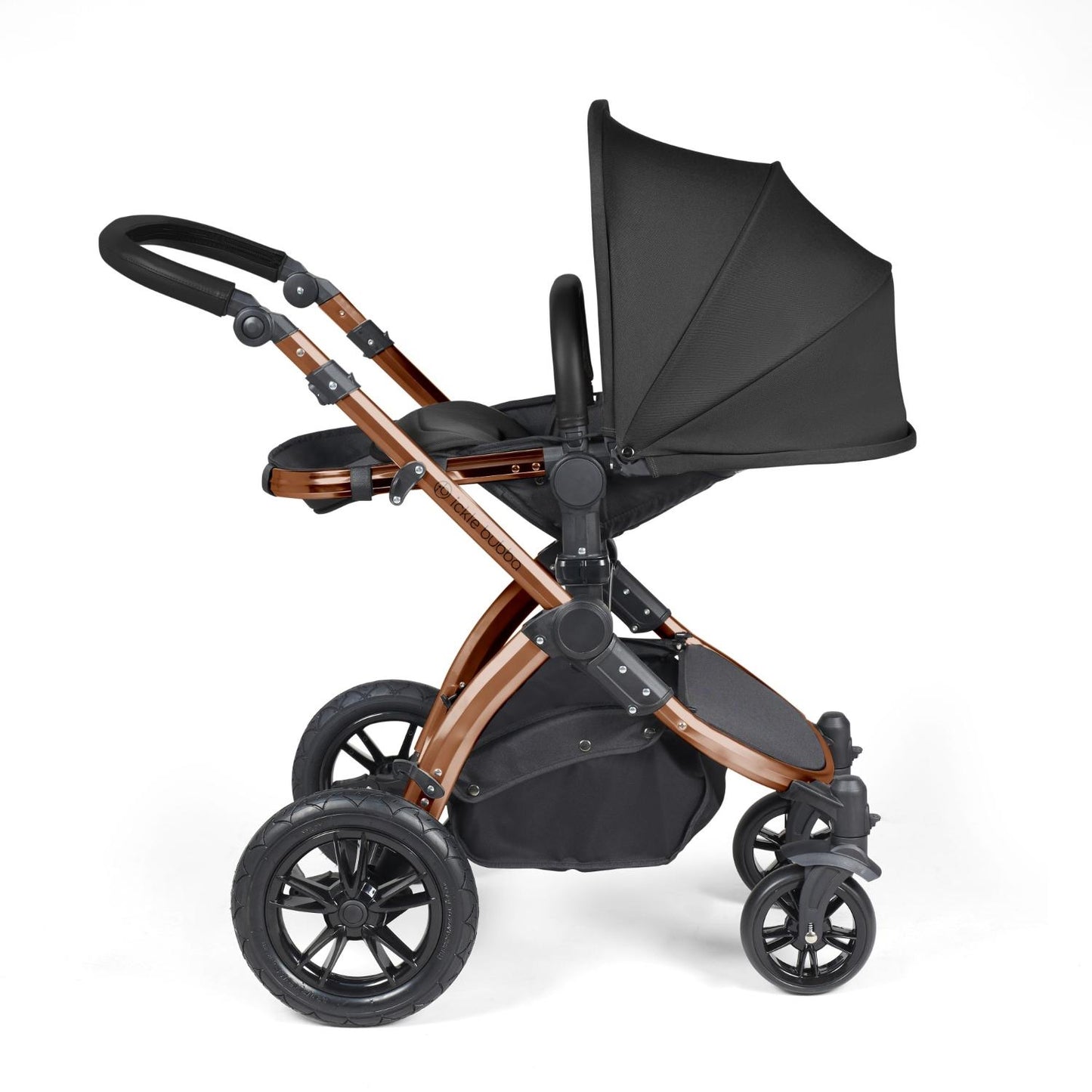 Recline position of Ickle Bubba Stomp Luxe Pushchair in Midnight black colour with bronze chassis
