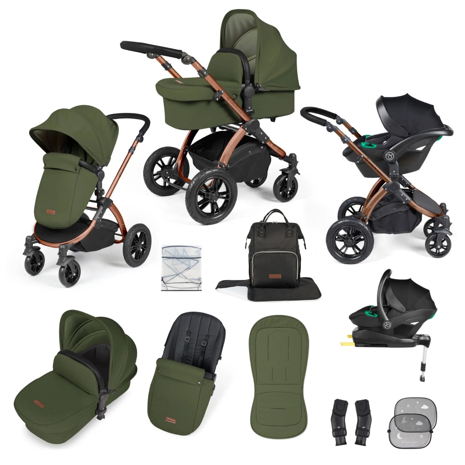 Ickle Bubba Stomp Luxe All-in-One Travel System with Stratus i-Size Car Seat and ISOFIX Base and accessories in Woodland green colour with bronze chassis