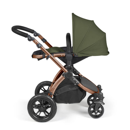 Recline position of Ickle Bubba Stomp Luxe Pushchair in Woodland green colour with bronze chassis