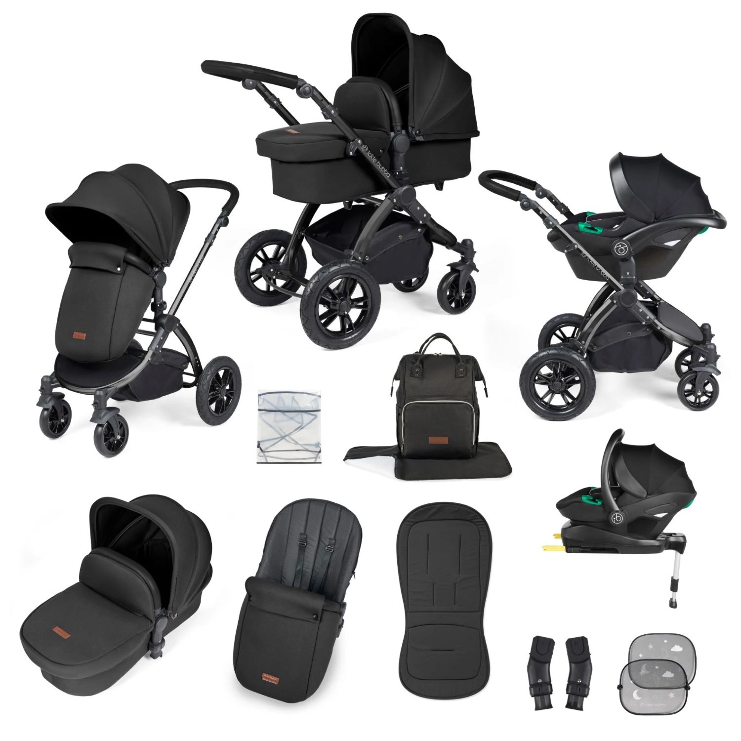 Ickle Bubba Stomp Luxe All-in-One Travel System with Stratus i-Size Car Seat and ISOFIX Base and accessories in Midnight black colour