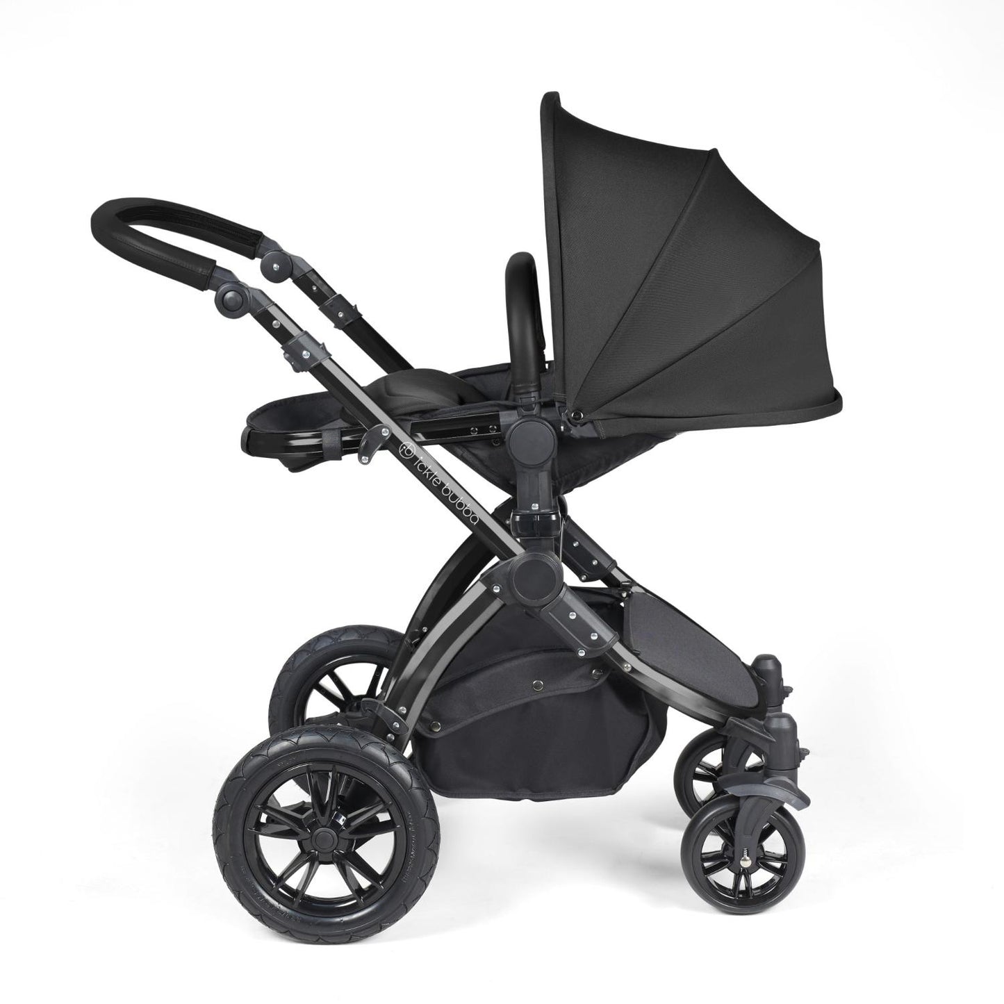 Recline position of Ickle Bubba Stomp Luxe Pushchair in Midnight black colour