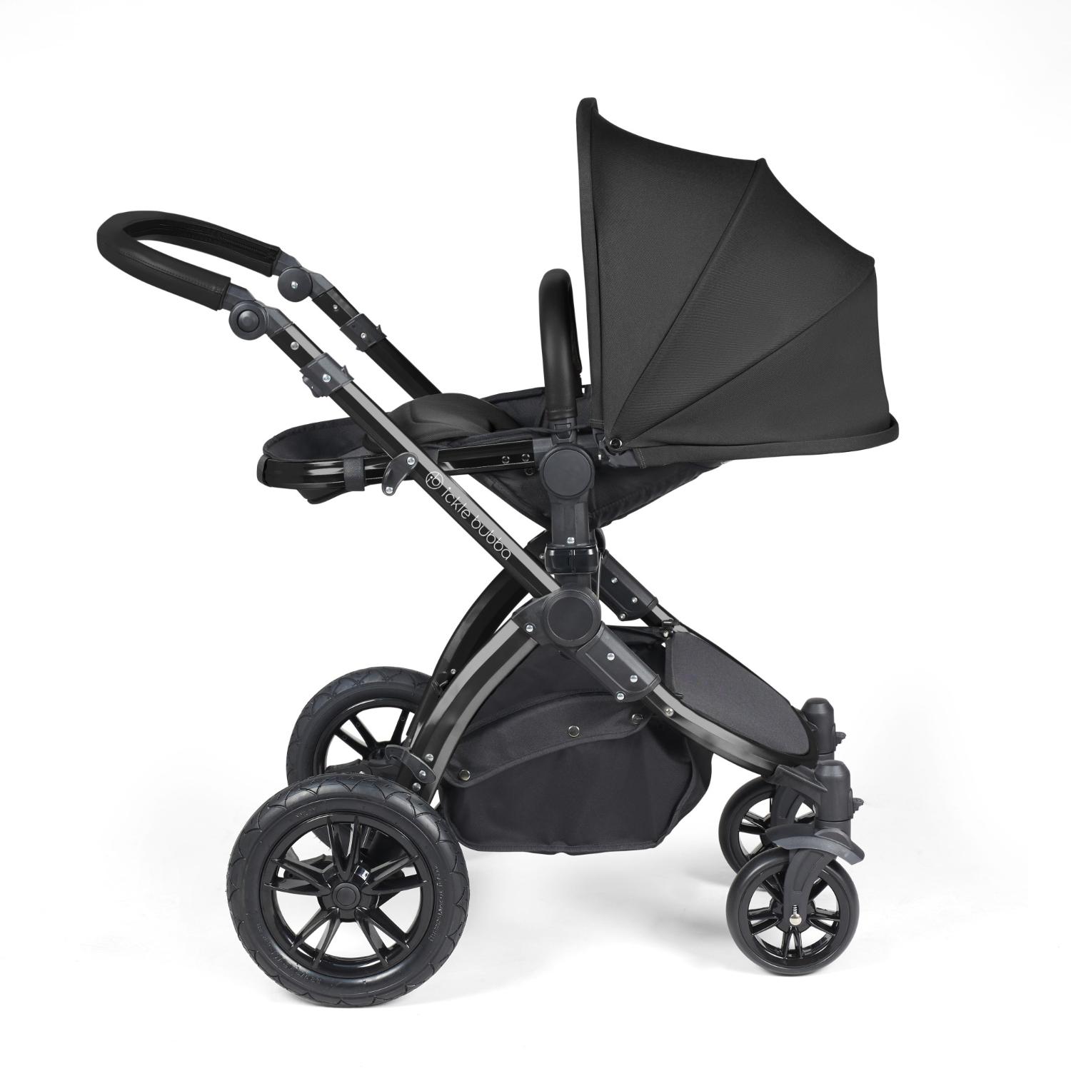 Recline position of Ickle Bubba Stomp Luxe Pushchair in Midnight black colour