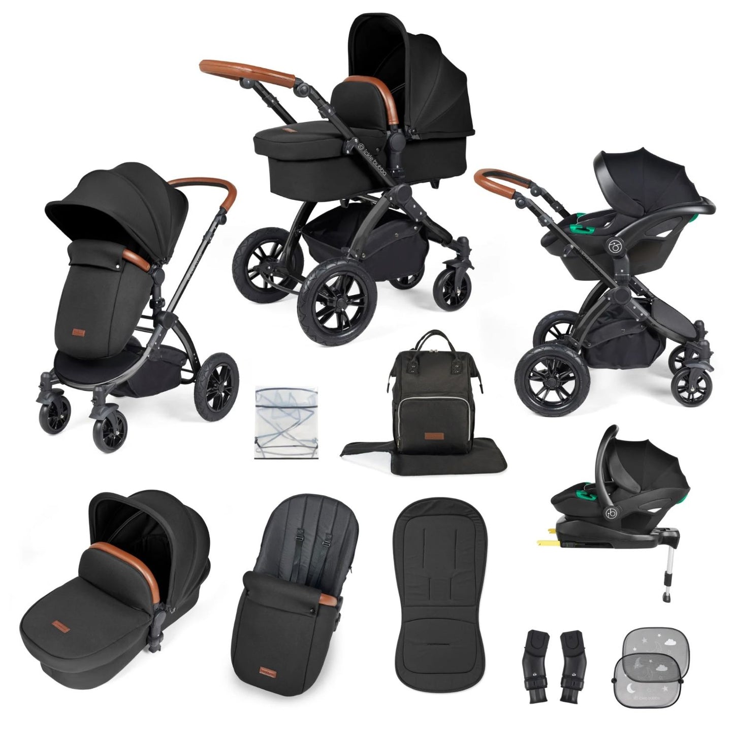 Ickle Bubba Stomp Luxe All-in-One Travel System with Stratus i-Size Car Seat and ISOFIX Base and accessories in Midnight black colour with tan handle