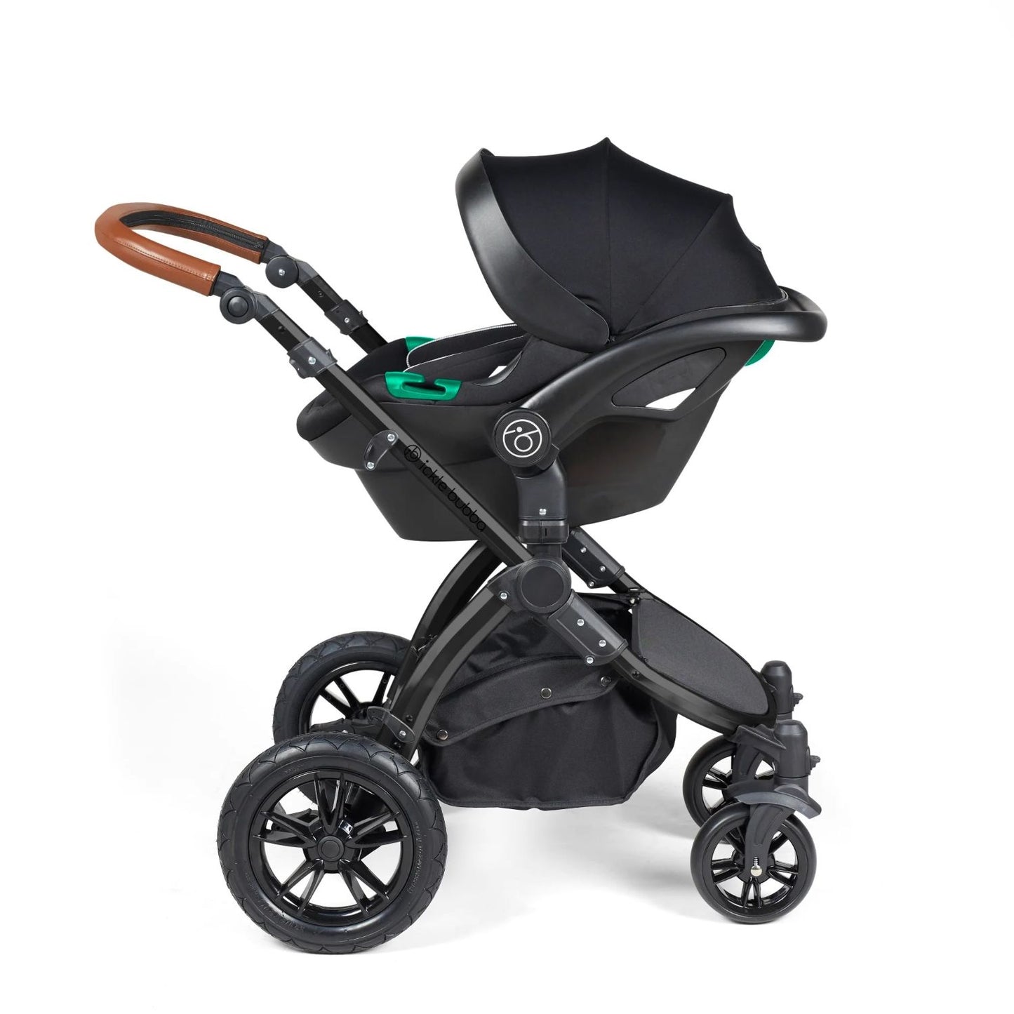 Ickle Bubba Stomp Luxe Pushchair with Stratus i-Size car seat attached in Midnight black colour with tan handle