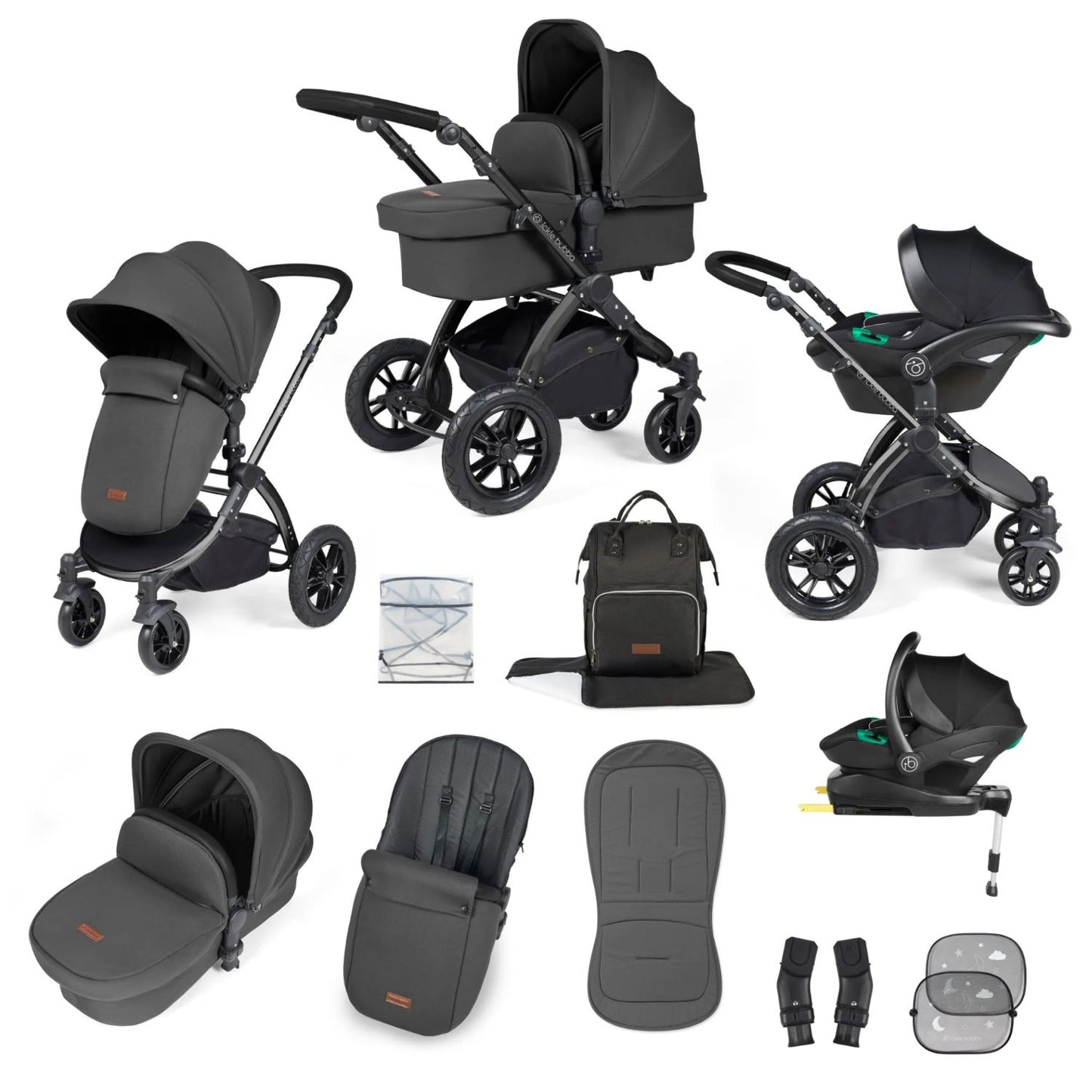 Ickle Bubba Stomp Luxe All-in-One Travel System with Stratus i-Size Car Seat and ISOFIX Base and accessories in Charcoal Grey colour