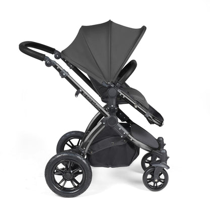 Side view of Ickle Bubba Stomp Luxe Pushchair with seat unit attached in Charcoal Grey colour