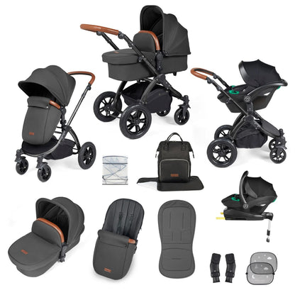 Ickle Bubba Stomp Luxe All-in-One Travel System with Stratus i-Size Car Seat and ISOFIX Base and accessories in Charcoal Grey colour with tan handle
