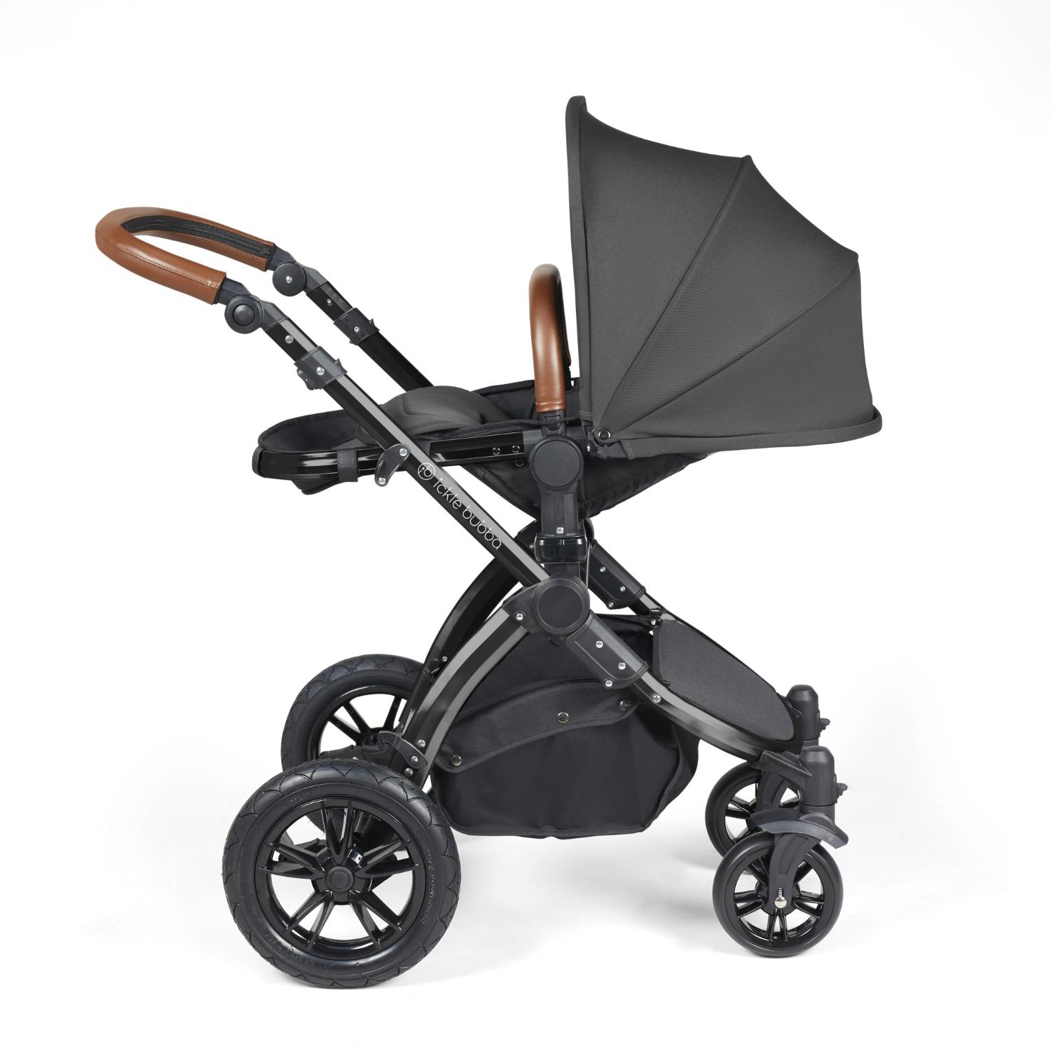 Recline position of Ickle Bubba Stomp Luxe Pushchair in Charcoal Grey colour with tan handle